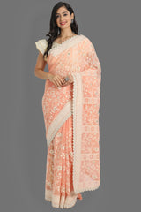 Buy Faux Georgette Embroidered Saree in Peach