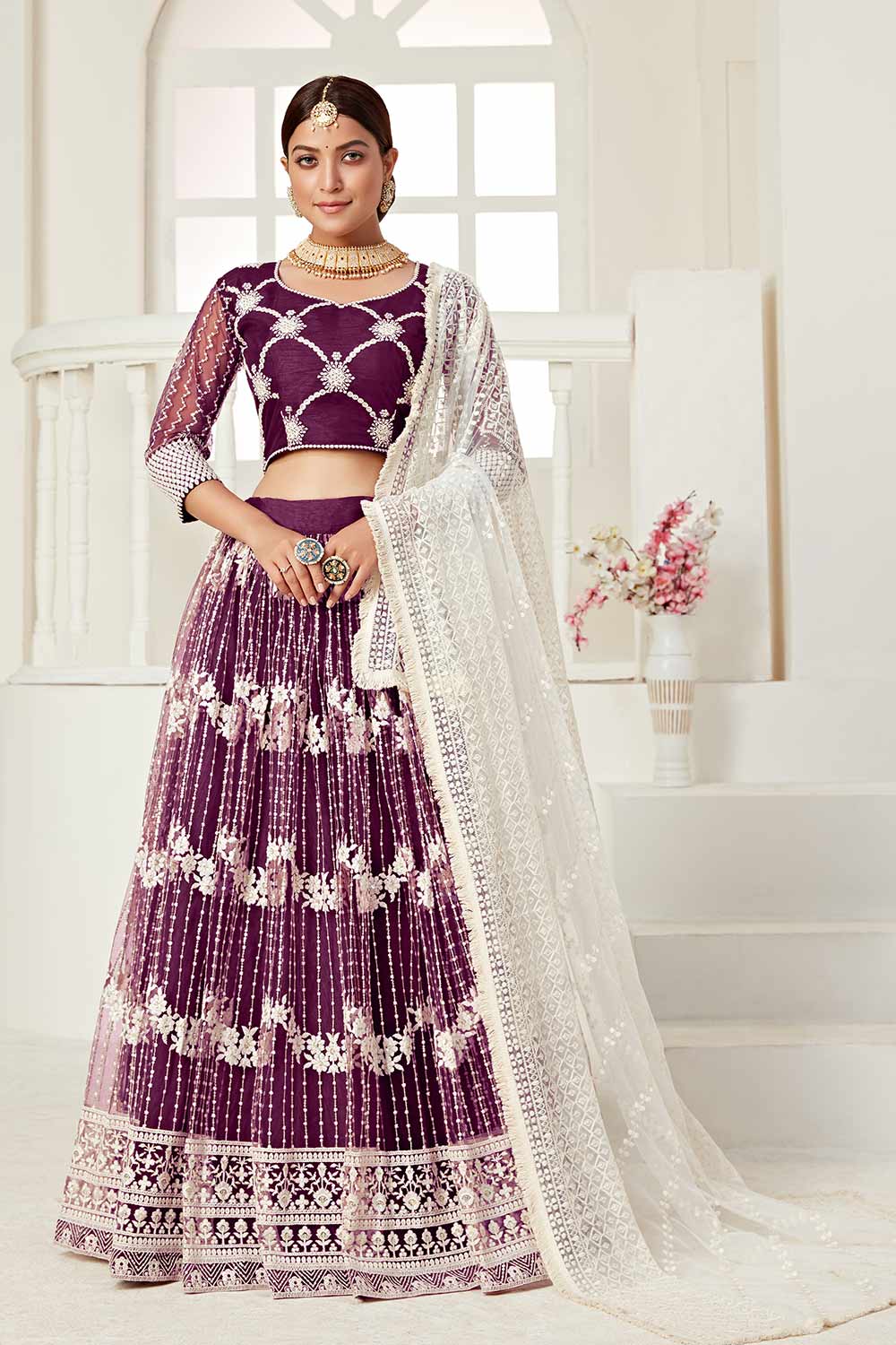 Buy Net Embroidered Lehenga Choli in Wine