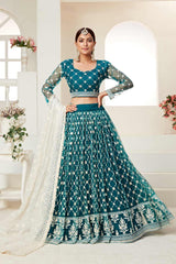 Buy Net Embroidered Lehenga Choli in Teal Green