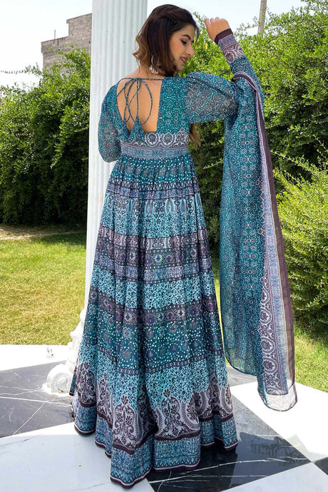 Sky Blue Chanderi Designer Digital Printed Gown With Dupatta