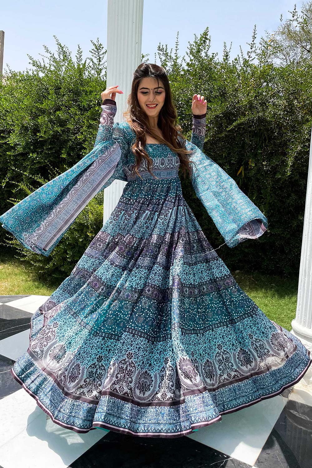 Sky Blue Chanderi Designer Digital Printed Gown With Dupatta