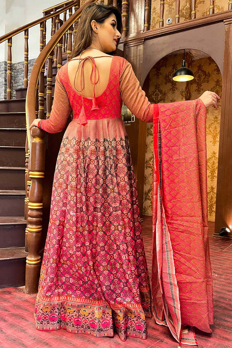 Pink Chanderi Designer Digital Printed Gown With Dupatta
