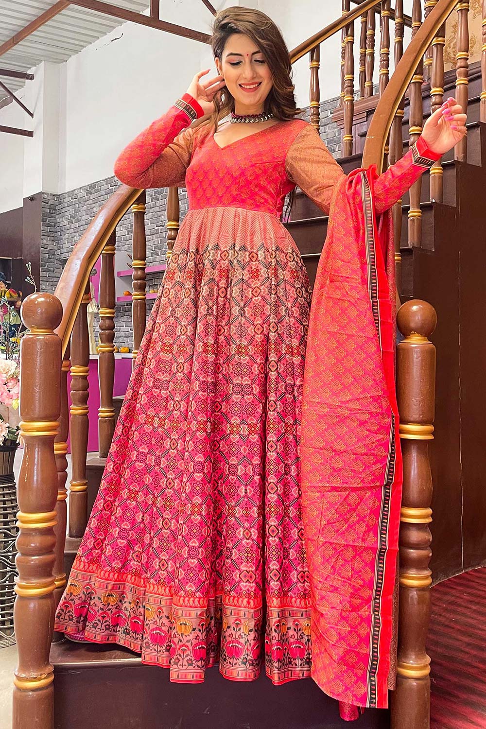 Pink Chanderi Designer Digital Printed Gown With Dupatta