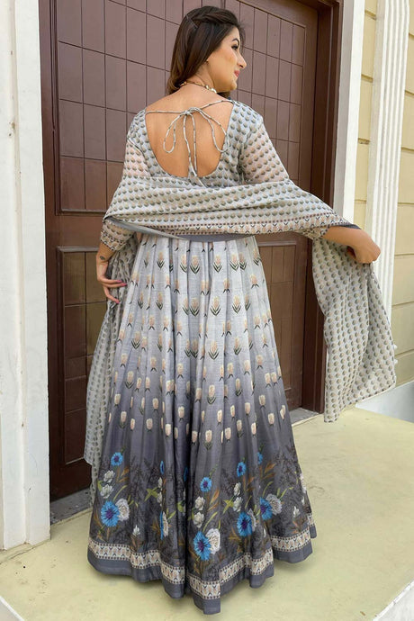 Grey Chanderi Designer Digital Printed Gown With Dupatta