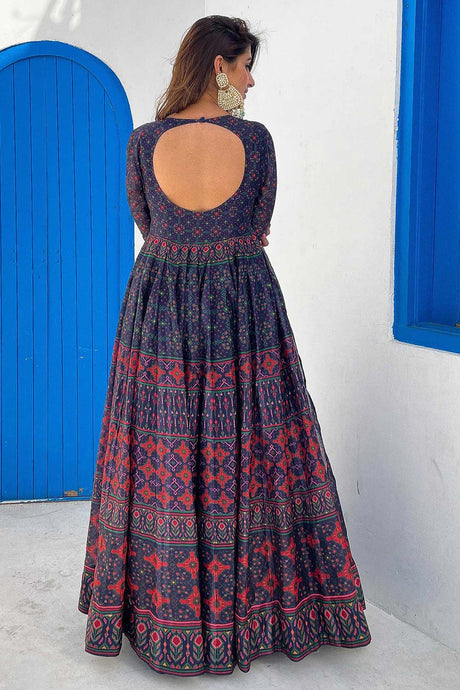 Blue Chanderi Designer Digital Printed Gown With Dupatta