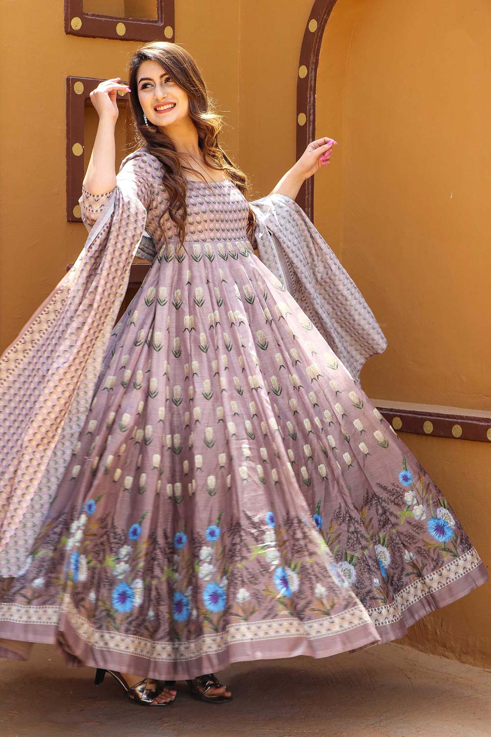 Pastel Pink Chanderi Designer Digital Printed Gown With Dupatta