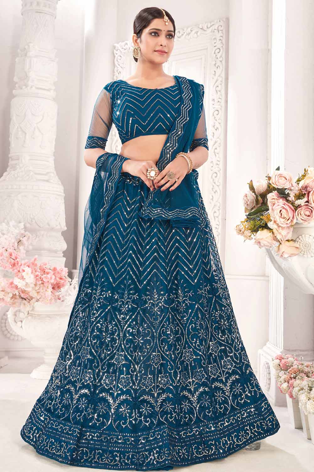 Buy Net Sequin Lehenga Choli in Teal Blue