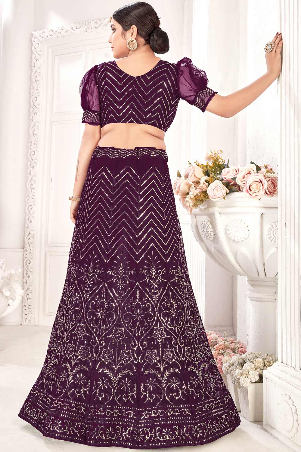 Wine Net Lehenga Choli Online