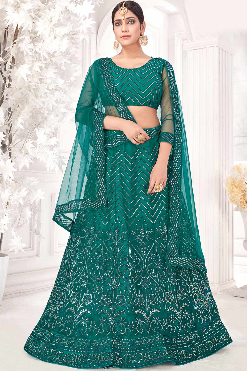 Buy Net Sequin Lehenga Choli in Rama