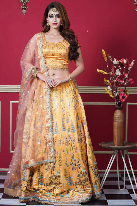 Buy Silk Floral Print Lehenga Choli in Mustard