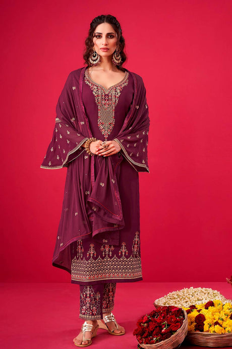 Buy Faux Georgette Embroidery Dress Material in Purple