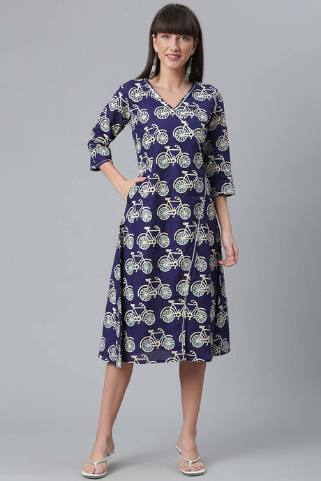 Buy Cotton Abstract Printed Dress in Navy Blue