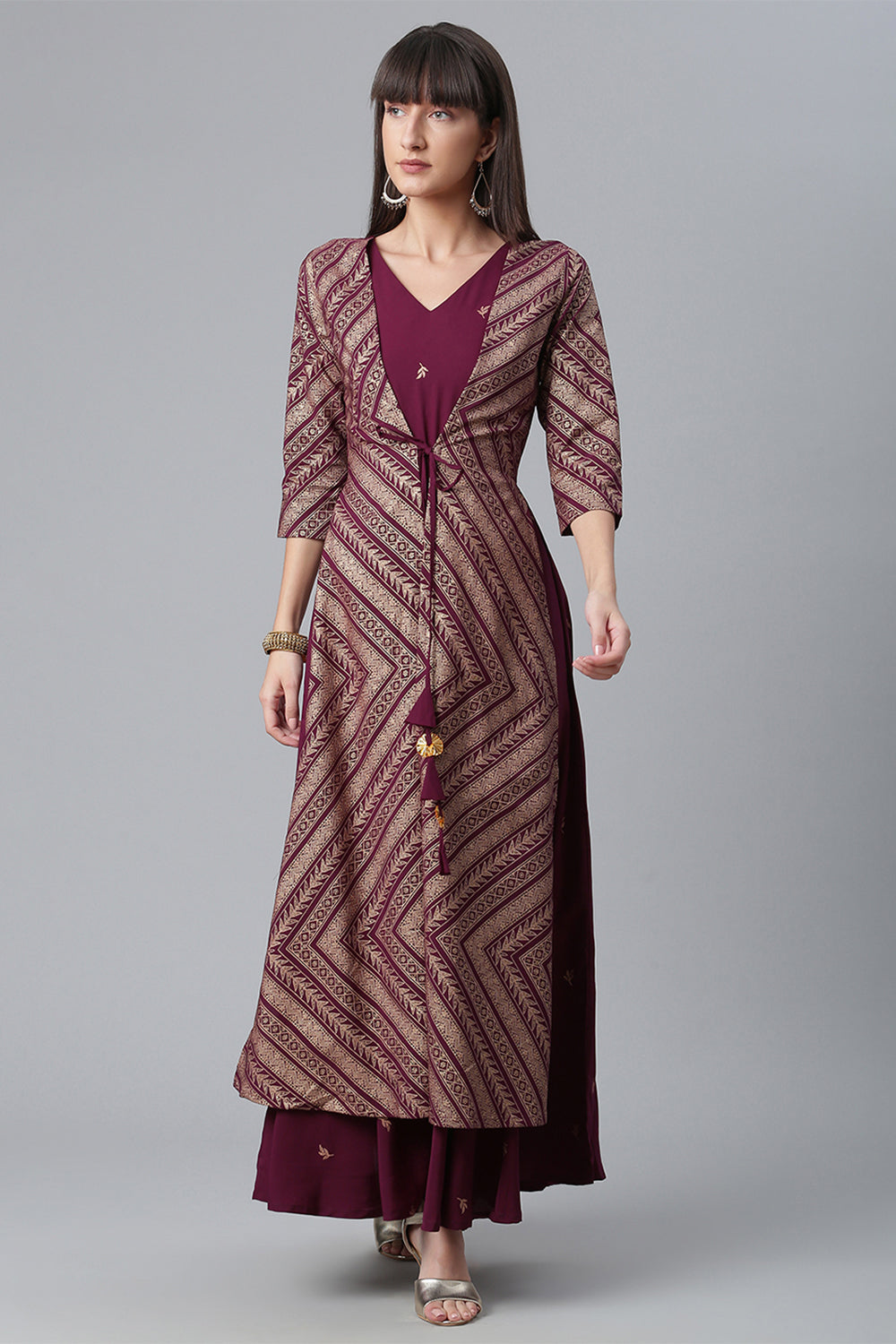 Crepe Foil Printed Dress In Wine