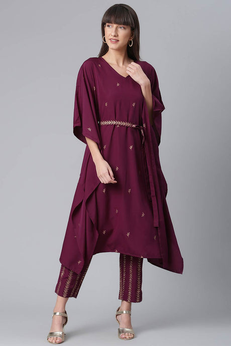 Buy Crepe Embroidered Kurta Set in Wine