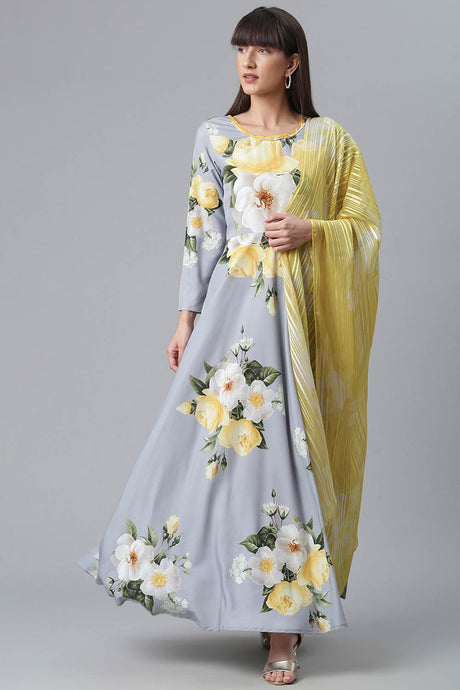 Buy Rayon Floral Printed Kurta Set in Grey