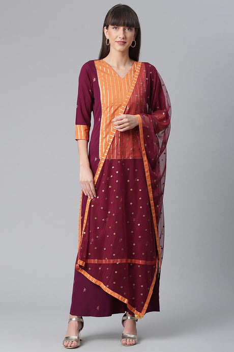Buy Crepe Embroidered Suit Set in Wine