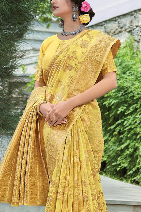 Linen Yellow Woven Saree.