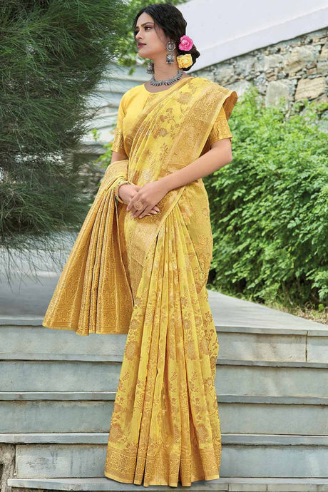 Buy Linen Zari Saree in Yellow