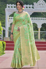 Buy Linen Zari Saree in Green