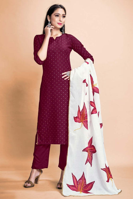 Buy Rayon Foil Printed Salwar Suit in Wine