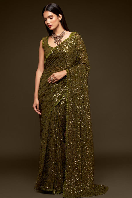 Buy Faux Georgette Sequance Saree in Mahendi