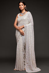 Buy Faux Georgette Sequance Saree in Pearl White