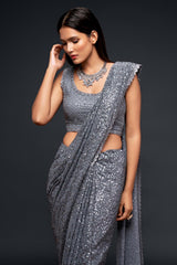 Buy Faux Georgette Saree in Grey