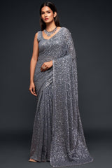 Buy Faux Georgette Sequance Saree in Grey
