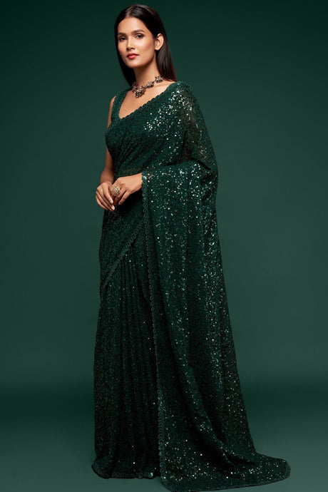 Buy Faux Georgette Sequance Saree in Green