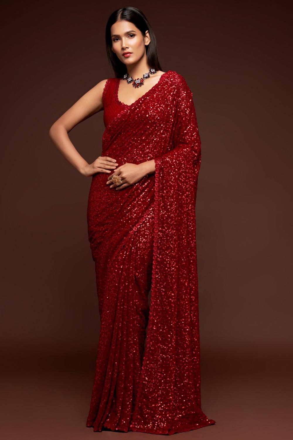 Buy Faux Georgette Sequance Saree in Red