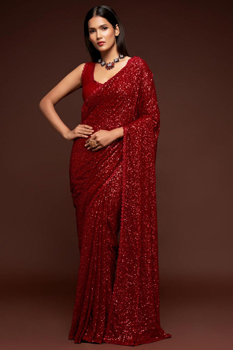 Buy Faux Georgette Sequance Saree in Red