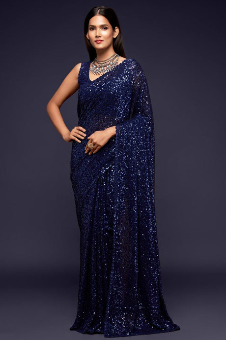 Buy Faux Georgette Sequance Saree in Blue
