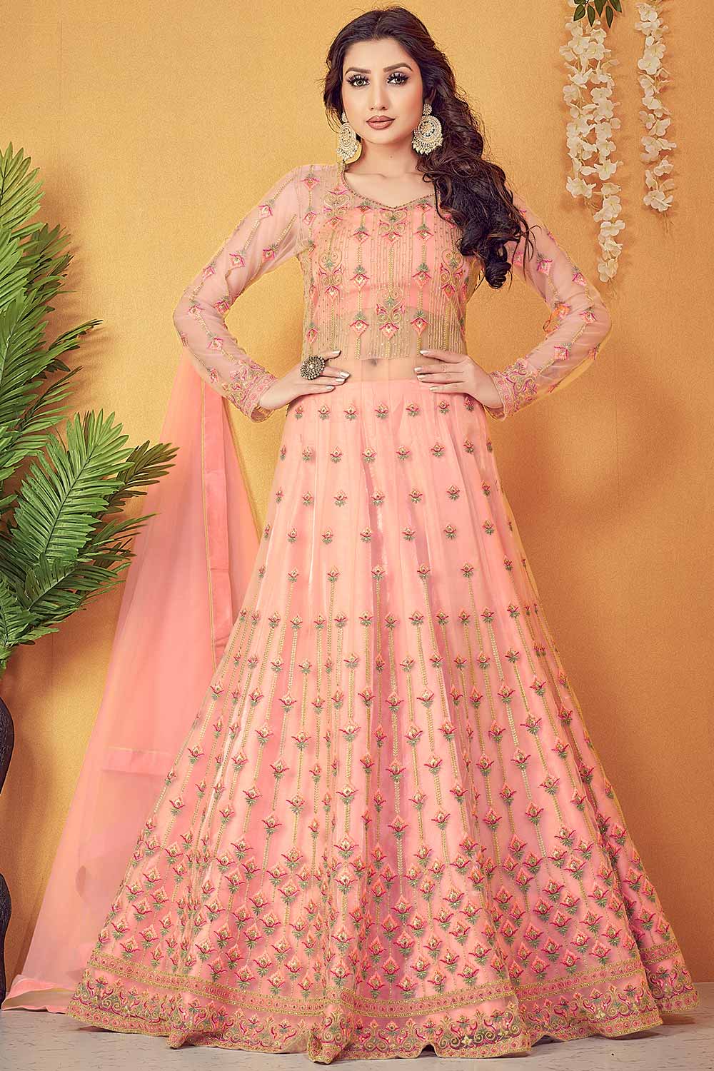 Buy Super Net Embroidery Gown in Pink
