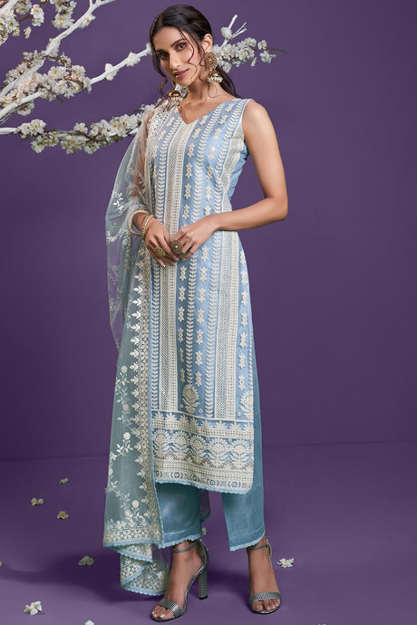 Buy Net Embroidered Dress Material in Steel Blue