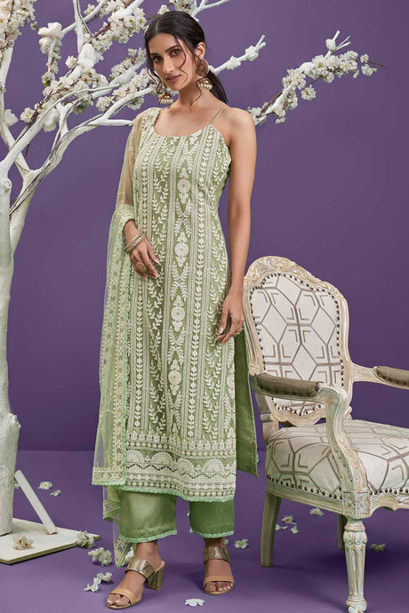 Buy Net Embroidered Dress Material in Pista