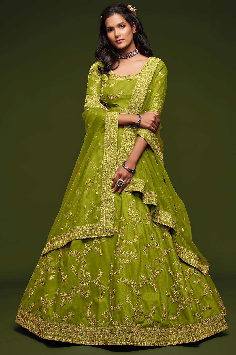 Buy Art Silk Embroidered Lehenga Choli in Mahendi