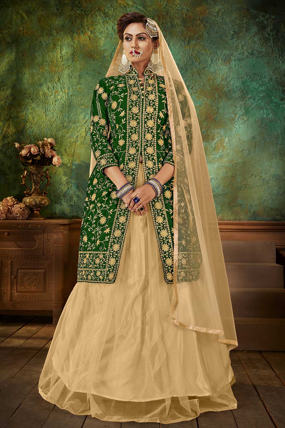 Buy Velvet Embroidered Dress Material in Green