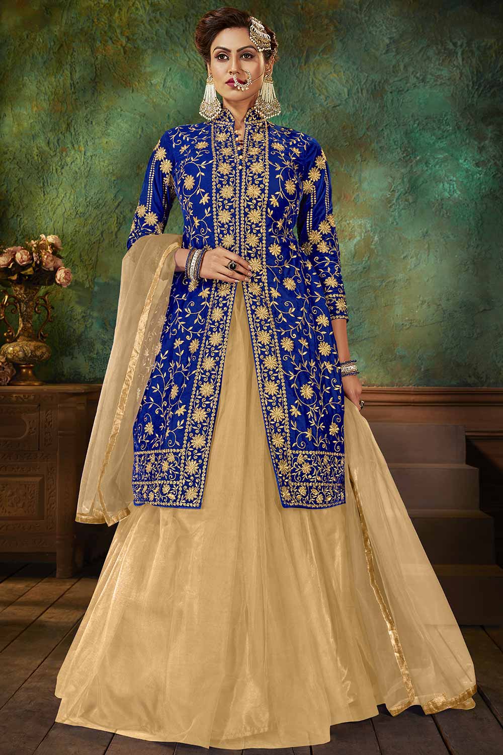 Buy Velvet Embroidered Dress Material in Royal Blue