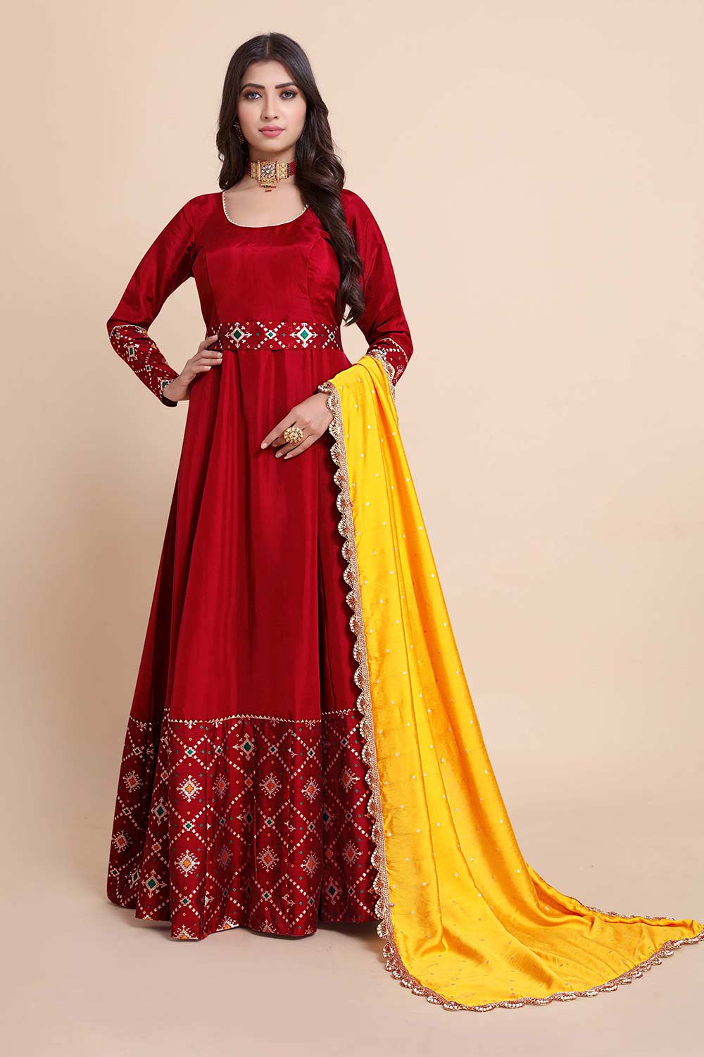 Red Art Silk Woven Design Gown