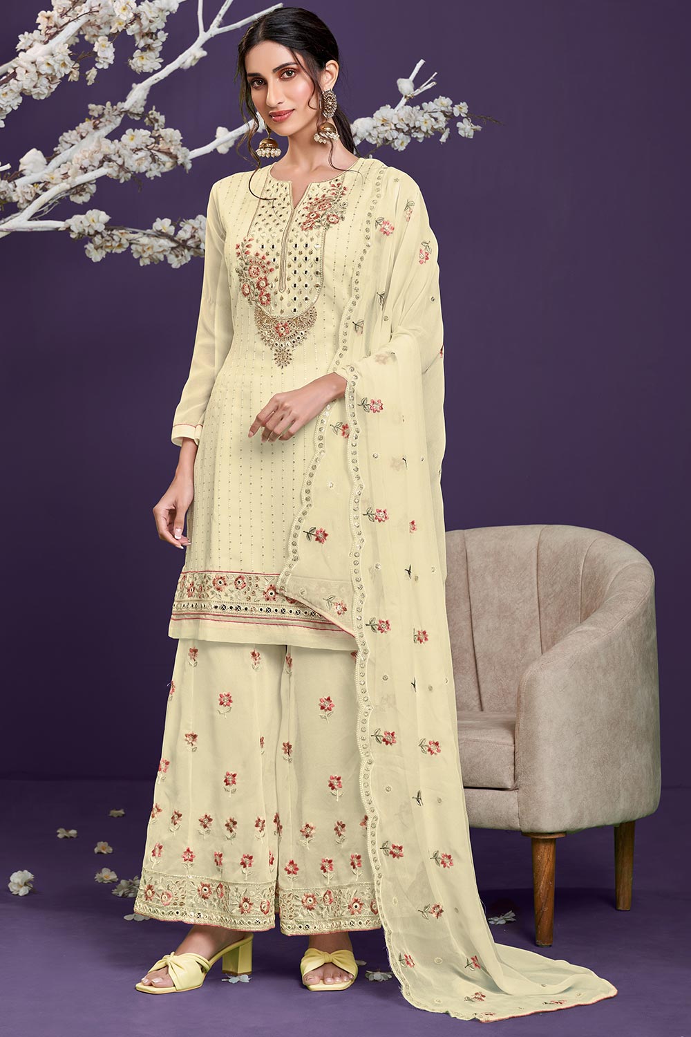 Cream Georgette Thread, Sequins Embroidery Work Palazzo Suit Set