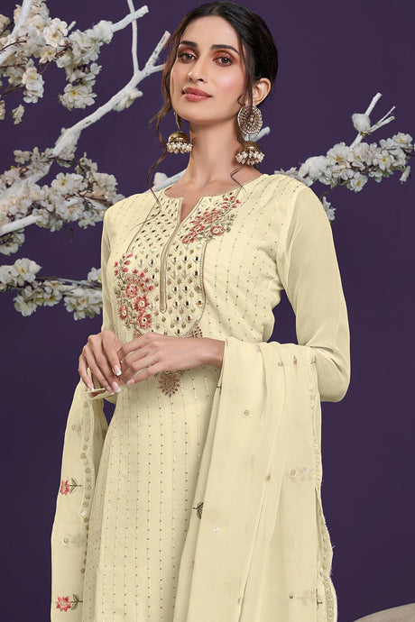 Cream Georgette Thread,sequins Embroidery Work Plazzo Suit Set