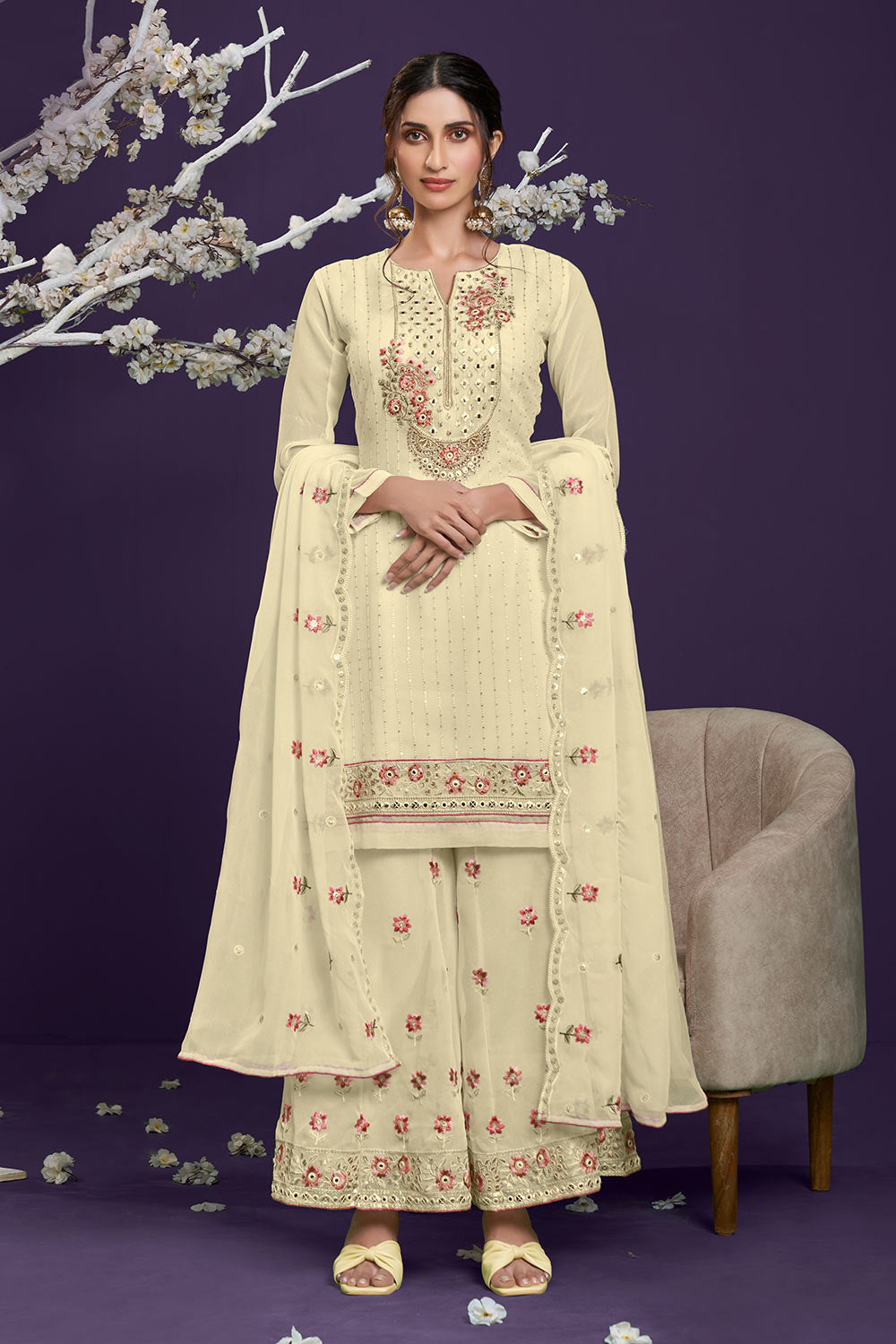 Cream Georgette Thread, Sequins Embroidery Work Palazzo Suit Set