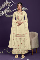 Cream Georgette Thread, Sequins Embroidery Work Palazzo Suit Set