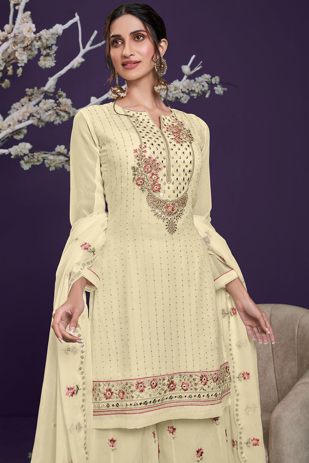 Cream Georgette Thread, Sequins Embroidery Work Palazzo Suit Set