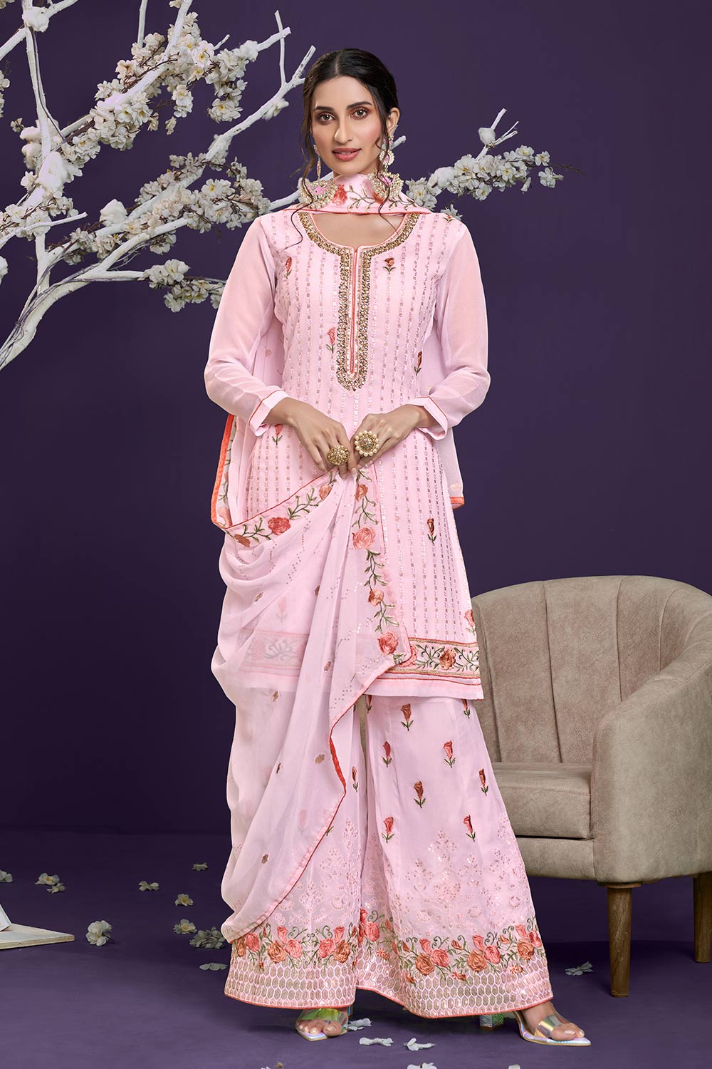 Light Pink Georgette Thread, Sequins Embroidery Work Palazzo Suit Set