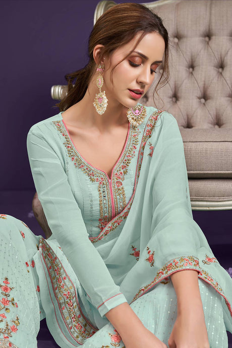 Sea Green Georgette Thread,sequins Embroidery Work Plazzo Suit Set