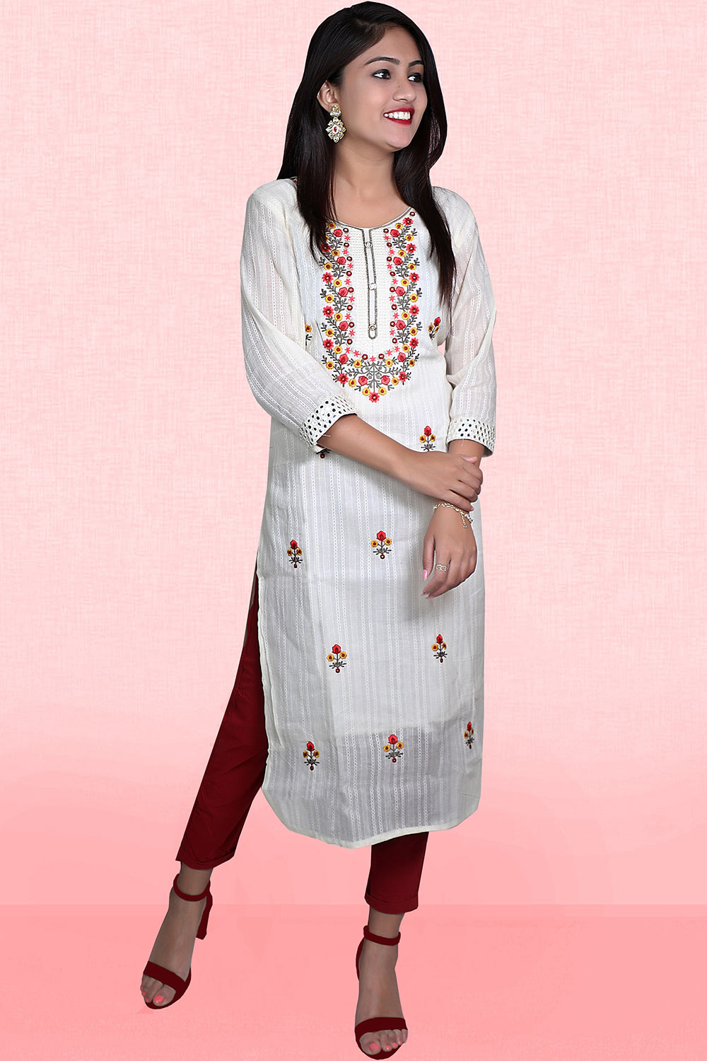Buy Khadi Cotton Embroidered Kurta Top in White Online