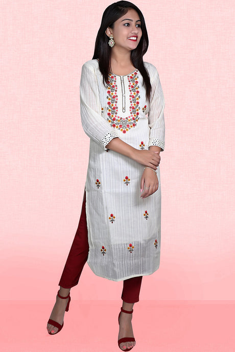 Buy Khadi Cotton Embroidered Kurta Top in White Online