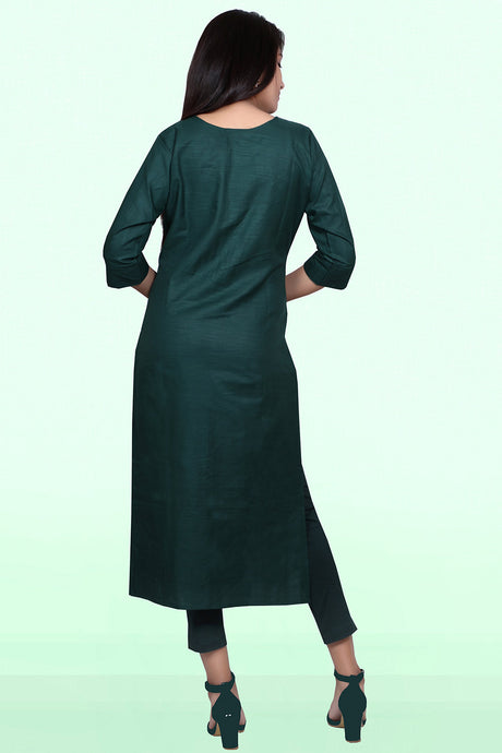 Buy Rayon Slub Sequin Embroidered Kurta Top in Teal Green Online - Back