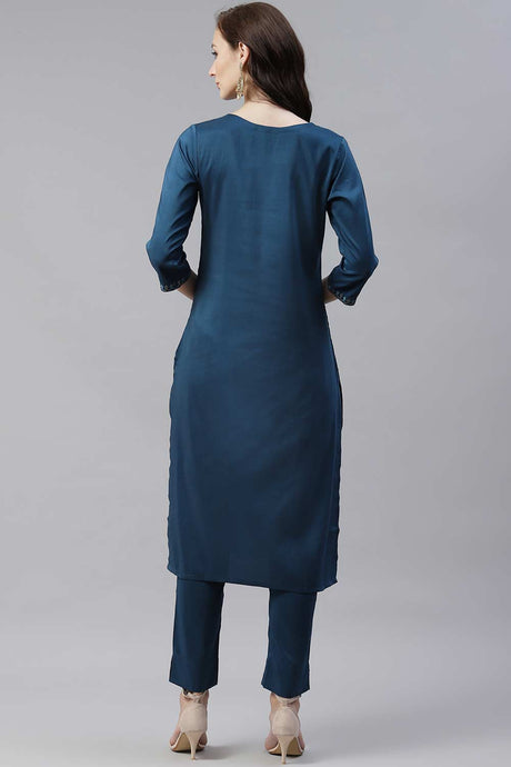 Buy Chinon Foil Printed Ready to Wear Kurta Set in Teal Blue Online - Back